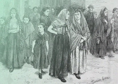 Trabajadoras de una fábrica de algodón de Manchester en 1872.