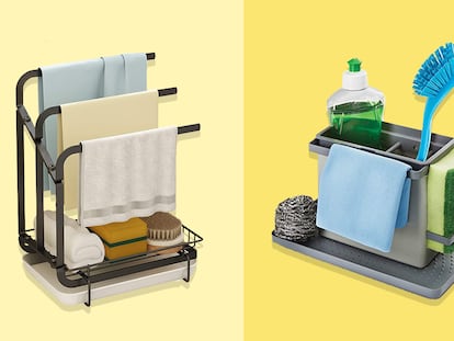 Dos ejemplos de organizadores discretos y estilosos para mantener todo en orden y limpio en el fregadero de la cocina.