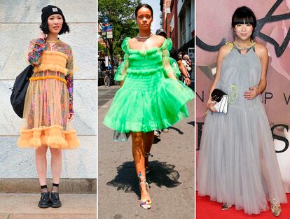Rihanna (centro) fue una de las primeras en vestir sus diseños. Susie Bubble (derecha) es otra fan acérrima. Izquierda, una joven en la semana de la moda de Milán con uno de sus vestidos.