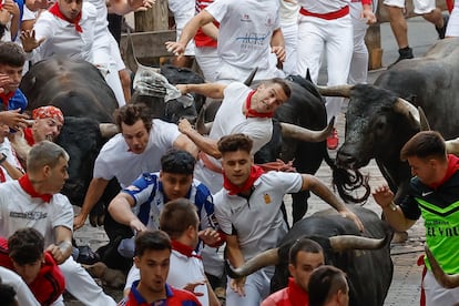 Uno de los mozos es embestido por uno de los astados de Miura, durante el octavo encierro.
