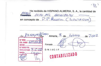Recibí de un pago de Hispano Almería, S. A. a "PP Almería (Diputación)" que investiga la UDEF.