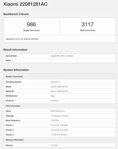 tablet Xiaomi GeekBench