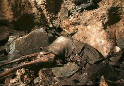 Tibia y peron&eacute; del esqueleto del menor, todav&iacute;a con su bota, hallado en la cueva de O Courel.