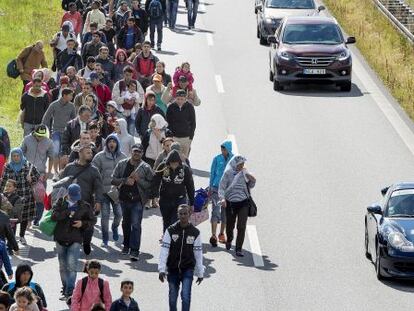 Centenares de refugiados, en su mayor&iacute;a sirios, transitan por una autov&iacute;a en Dinamarca. 