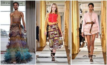 Vestidos de volantes multicolores, bordados y monos en el desfile de schiaparelli este lunes en París.