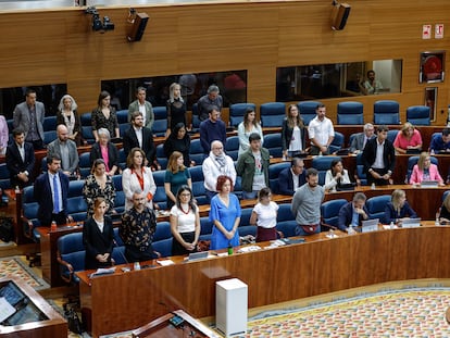 El grupo de Más Madrid, a la izquierda, en la Asamblea madrileña, durante el minuto de silencio improvisado este viernes por todas las víctimas civiles en Israel y Palestina.