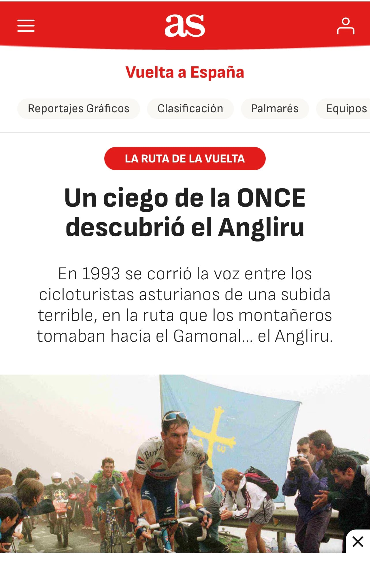 El diario deportivo AS daba cuenta en este reportaje de la hazaña de Miguel Prieto como descubridor del Angliru.
