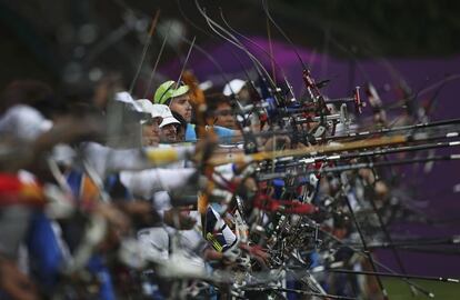 Archers point during a archery competition in the Lords Cricket Ground.