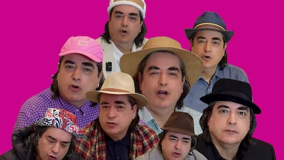 Collage de imágenes de Jaime Bayly en vídeos de su canal de YouTube, en los que siempre aparece con diferentes sombreros y gorros.