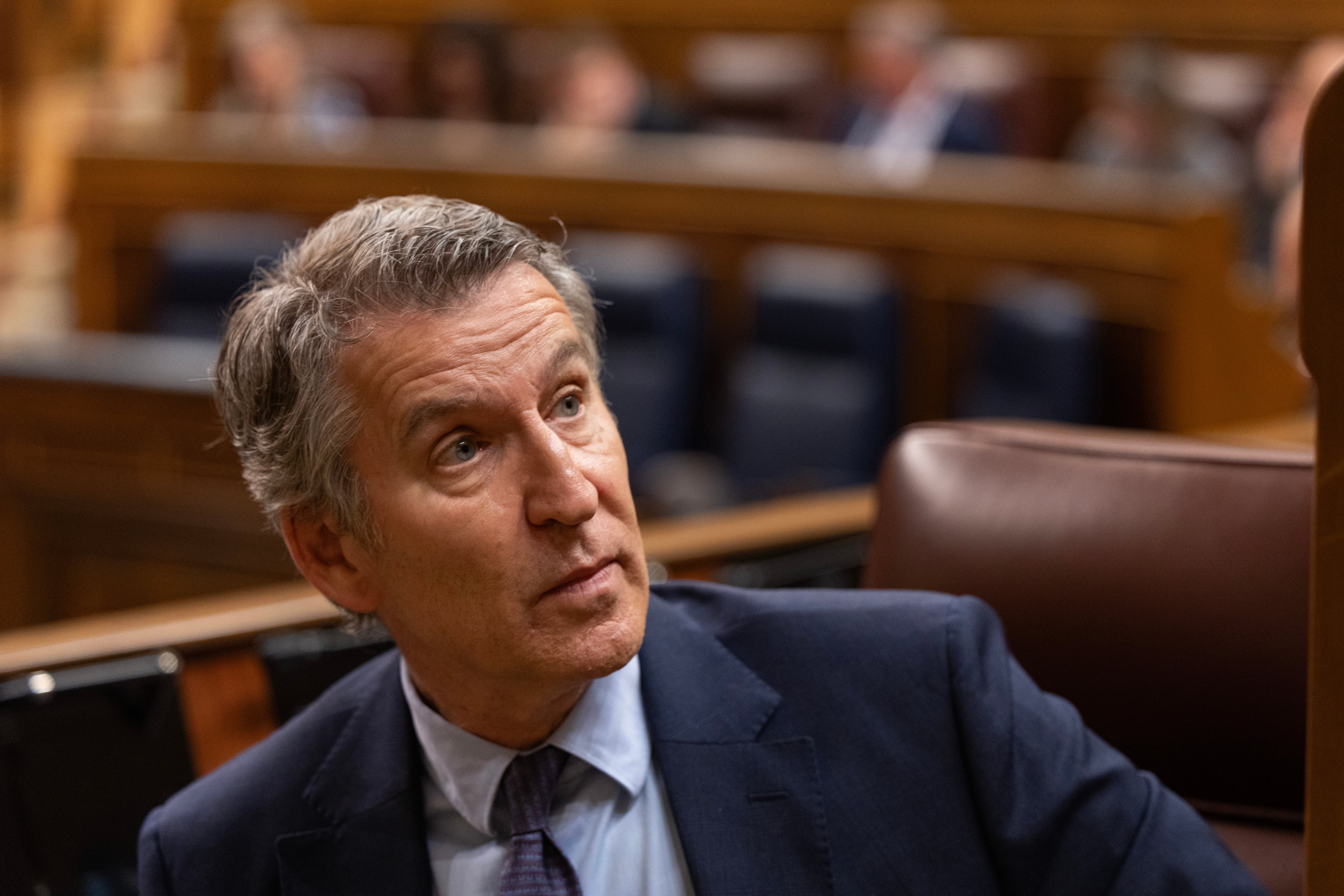 El presidente del PP, Alberto Núñez Feijóo, este jueves en su escaño. 