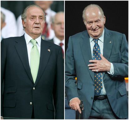 El rey emérito don Juan Carlos. A la izquierda, en 2008, y a la derecha, en 2018, en una de las escasas imágenes que tiene del año pasado, durante la ceremonia de premios de los toros en Las Ventas, celebrada en mayo. Aunque conserva prácticamente la misma presencia, se nota que a sus 80 años —ahora 81— el monarca aparece más hinchado y sin poder deshacerse del bastón, debido a las numerosas intervenciones de cadera y rodilla a las que se ha sometido a lo largo de todo este tiempo.