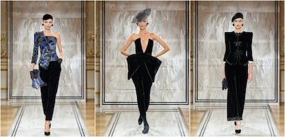 Tres modelos del desfile de Giorgio Armani durante la semana de la moda de París, el 8 de julio de 2025.