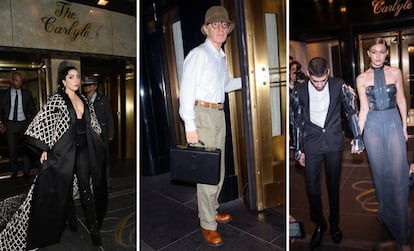 Lady Gaga (2015), Woody Allen (2007) y Gigi Hadid y Zayn Malik (2016) a las puertas del hotel Carlyle.