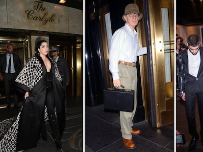 Lady Gaga (2015), Woody Allen (2007) y Gigi Hadid y Zayn Malik (2016) a las puertas del hotel Carlyle.