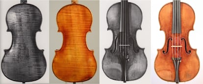 Imágenes en blanco y negro del violín Stradivarius ‘Mendelssohn’ de 1709 realizadas en 1930 y en color del Stradivarius ‘Stella’ de 1707 en 2000.
