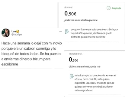 Capturas del hilo de Twitter, ya borrado, en el que Laura explicó su bloqueo a su ex.