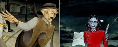 Dos fotogramas del cortometraje <i>La increíble historia del hombre sin sombra.</i> A la izquierda, con sombrero, el protagonista, Peter, y a la derecha, el comprador de su alma, Adam.