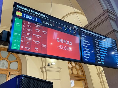 Imagen de la Bolsa de Madrid con el hundimiento de la acción de Grifols este martes.