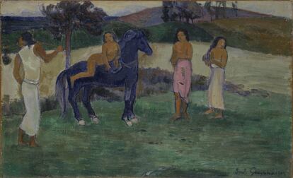Una de las últimas obras que realizó Gauguin, el pequeño óleo (28 x 45,5 centímetros) 'Cambio de residencia', de 1902, en el que pintó uno de sus motivos favoritos en sus años finales, los caballos.