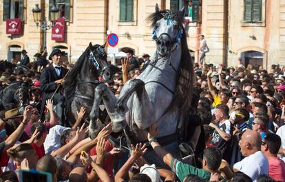 Dos caballos se alzan en la multitud durante la tradicional fiesta de San Juan en la localidad de Ciutadella, en la isla de Menorca.