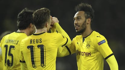 Reus y Aubameyang celebran el 3-0 al Tottenham. 