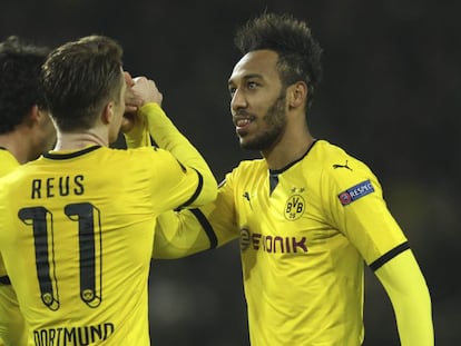 Reus y Aubameyang celebran el 3-0 al Tottenham. 