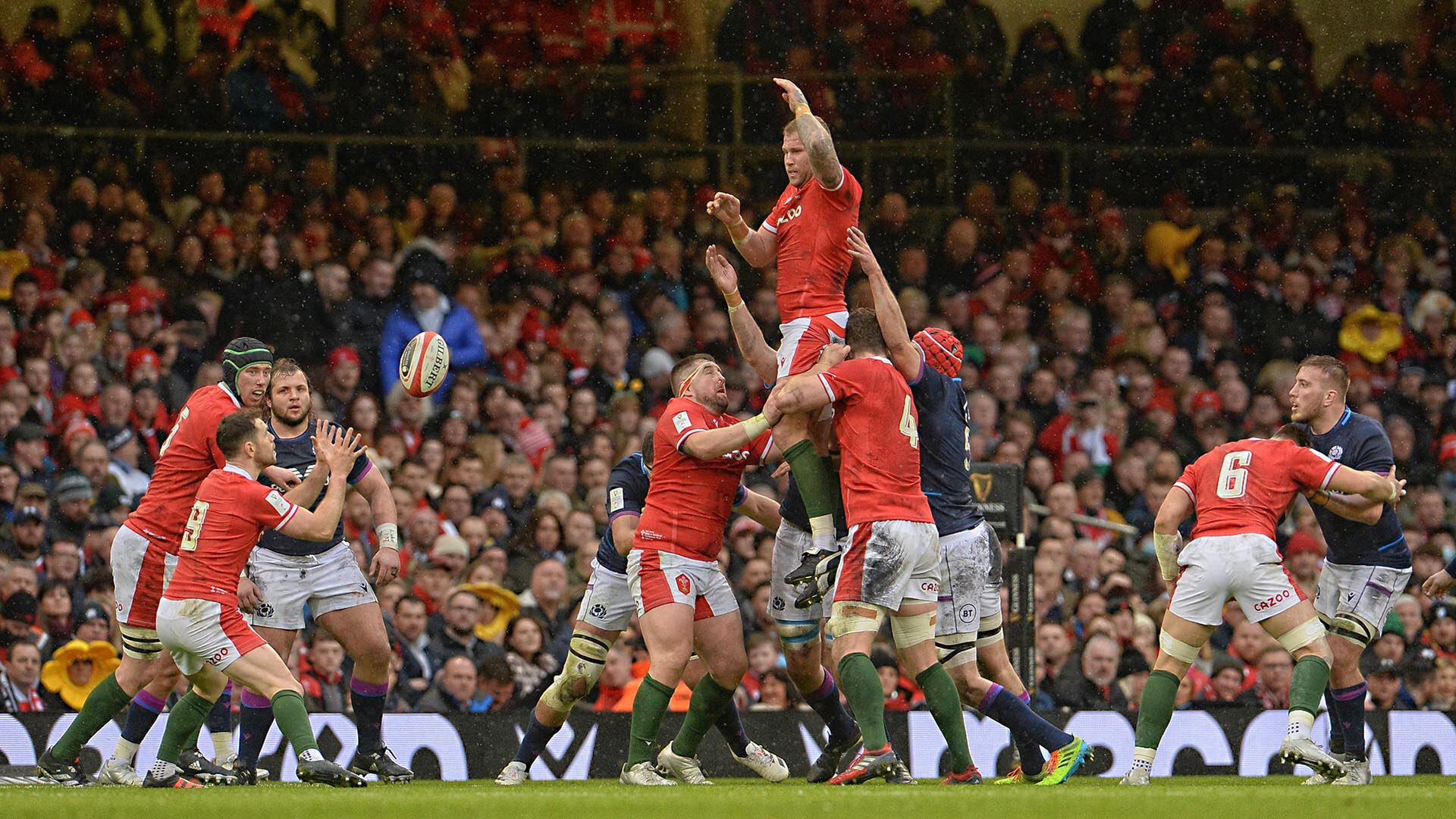 CARDIFF, WALES - FEBRUARY 12:Ross Moriarty of Wales wins the line out   during the Guinness Six Nations Round 2 match between Wales and Scotland at Principality Stadium on February 12, 2022 in Cardiff, Wales. (Photo by Ian Cook - CameraSport via Getty Images)