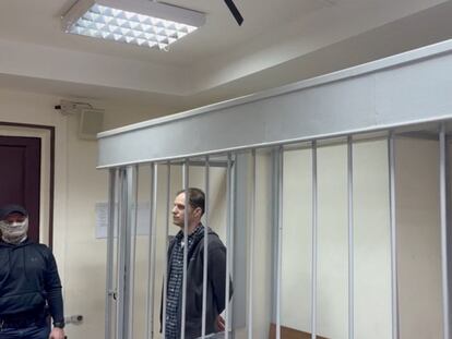 Evan Gershkovich attends a court hearing on the extension of pre-trial detention in Moscow, Russia November 28, 2023, in this still image taken from video.