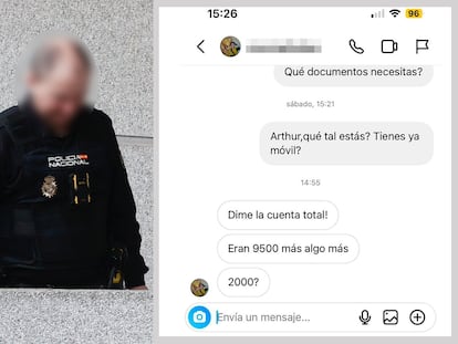 Darwin, al pasar a disposición judicial tras ser detenido en Lugo, acusado de estafa. A la derecha, mensajes a una de las víctimas en Madrid a la que aseguraba que iba a pagar.