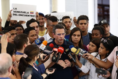 Opposition candidate Henrique Capriles, a former governor and presidential candidate speaks with the media after meeting with the National Primary Commission in Caracas, on April 27, 2023.