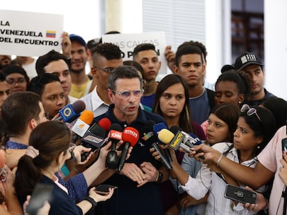 Opposition candidate Henrique Capriles, a former governor and presidential candidate speaks with the media after meeting with the National Primary Commission in Caracas, on April 27, 2023.