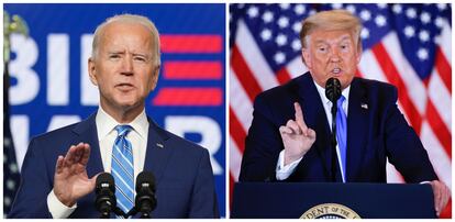 Joe Biden, a la izquierda, y Donald Trump, a la derecha, se girigen a los medios en la madrugada del 4 de noviembre sobre los primeros datos de la noche electoral.