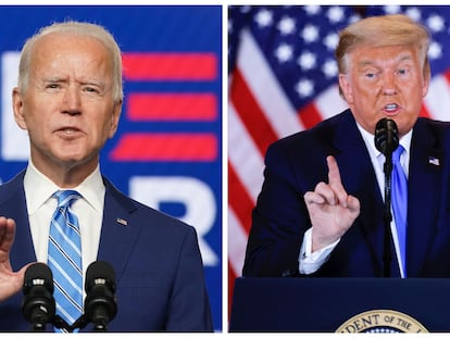 Joe Biden, a la izquierda, y Donald Trump, a la derecha, se girigen a los medios en la madrugada del 4 de noviembre sobre los primeros datos de la noche electoral.