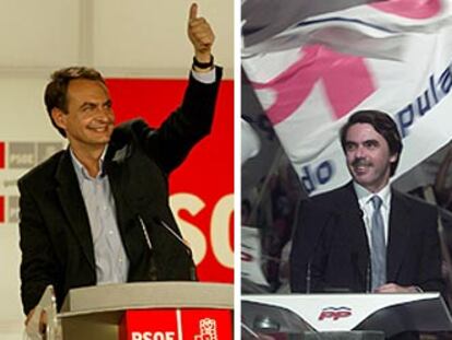 José Luis Rodríguez Zapatero y José María Aznar, en el cierre de la campaña anoche en Madrid.