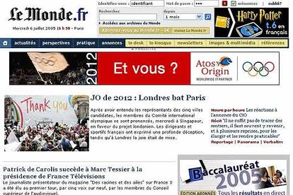 El principal periódico francés abre su edición digital con el titular: "Londres gana a París", que hace referencia a las dos últimas ciudades que han quedado en la votación, ganada por la candidatura de Londres.