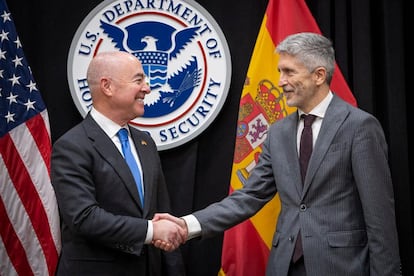 El secretario del Departamento de Seguridad Nacional, Alejandro Mayorkas, y el ministro del Interior, Fernando Grande-Marlaska, en su encuentro del pasado miércoles en Washington.