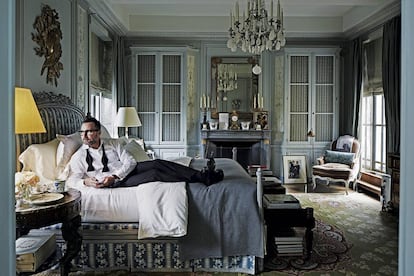 James Costos in the bedroom of his New York attic, located close to Central Park.