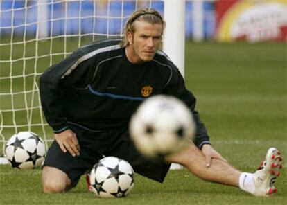 Beckham, en el entrenamiento de ayer del Manchester en el Santiago Bernabéu.