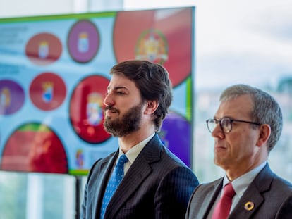 Juan García-Gallardo (izquierda), vicepresidente de la Junta de Castilla y León, y Mariano Veganzones, consejero de Industria, Comercio y Empleo, el lunes en Ávila.