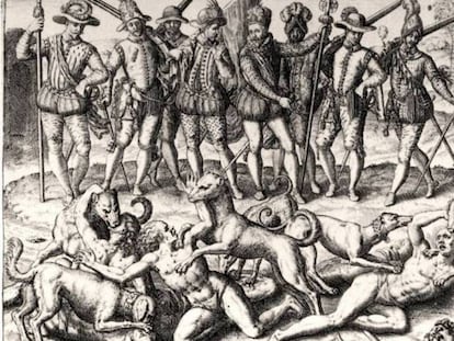 Un conocido grabado de Theodore de Bry (1528-1598) sobre la leyenda negra española y la conquista de América.