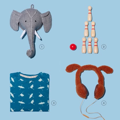 <br><b>Básicos de hoy
y de siempre</b><br>
1. Cabeza de elefante
de El Corte Inglés.
29,95 euros. 2. Juego
de bolos de madera de
Zara Kids. 9,99 euros.
3. Pijama Organic Gamma
de Intermón Oxfam. Forma
parte de su proyecto de
moda ética y sostenible
producida en la India
con algodón orgánico.
39,91 euros. 4. Cascos de
música con orejeras de
Hema. 6 euros.