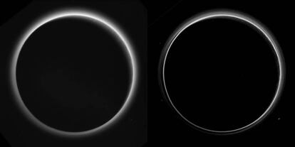 Dos versiones deferentes de Plutón que tratan de estudiar las capas atmosféricas del planeta. Se obseva con más nitidez en la foto de la derecha, que ha sido especialmente tratada. Las imágenes están tomadas por la sonda New Horizons a 770.000 kilómetros de distancia y en ellas el planeta tapa el sol, creando una sensación de disco o de anillo.