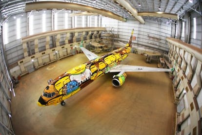 Avião grafitado por los hermanos Os Gêmeos