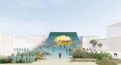 Fachada del diseño del pabellón de España en la Expo Osaka 2025.