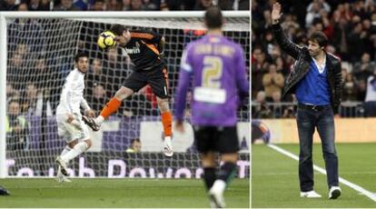 Casillas despeja el balón de cabeza al borde del área. A la derecha, Van Nistelrooy se despide del público del Bernabéu.