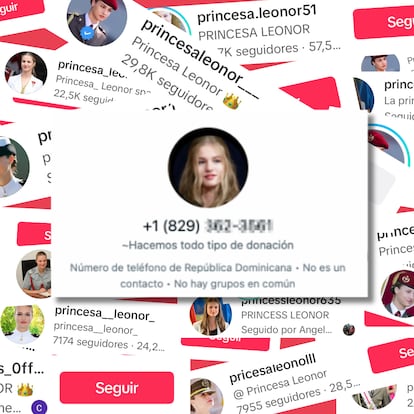 Collage con cuentas falsas de Leonor. Al fondo, decenas de cuentas fraudulentas Ctodas diferentesC de la Princesa de Asturias en TikTok que seguan en activo el 2 de diciembre. Al frente, uno de los perfiles WhatsApps falsos que se hacen pasar por la princesa