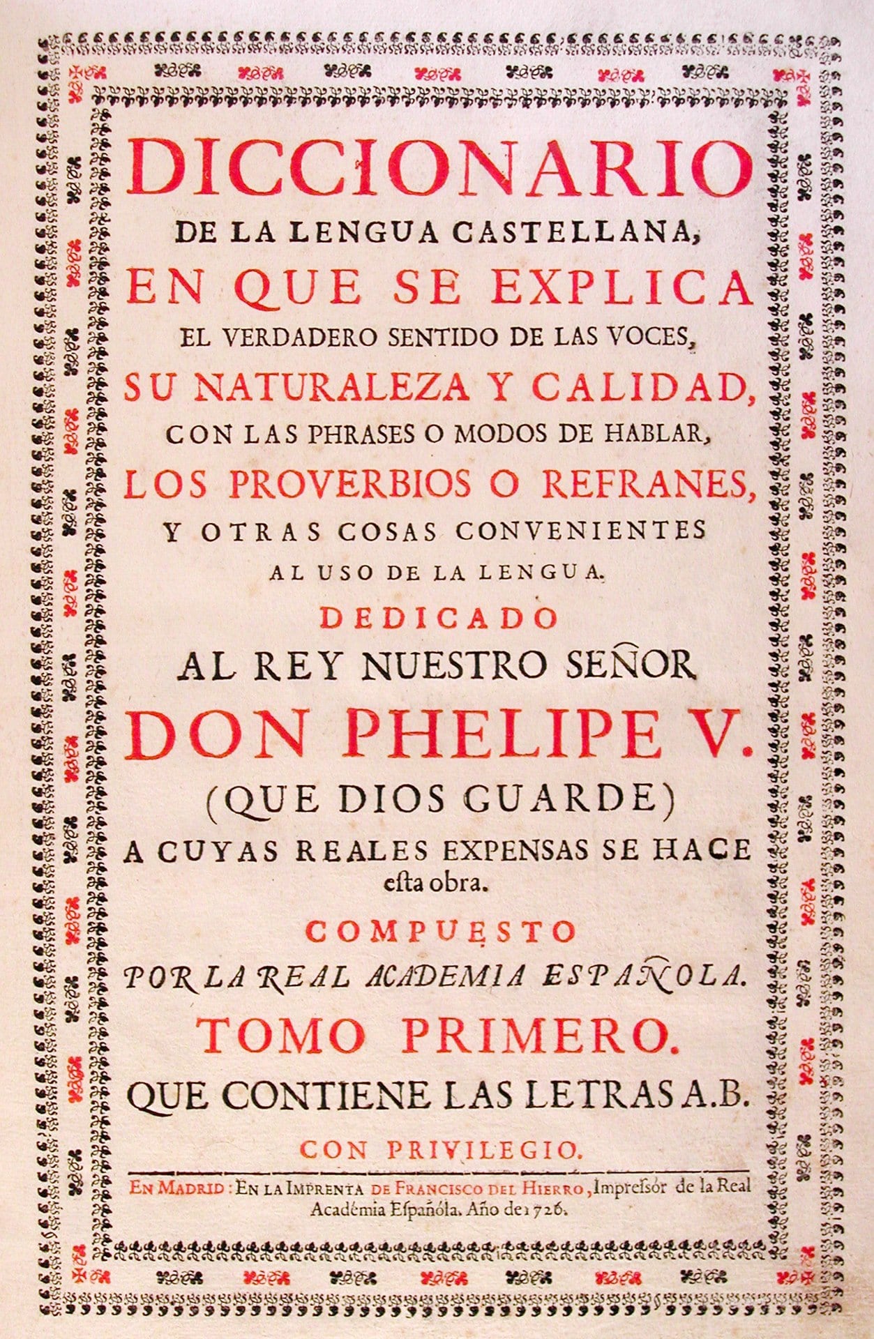 Diccionario de la Real Academia de 1726, con un título muy breve