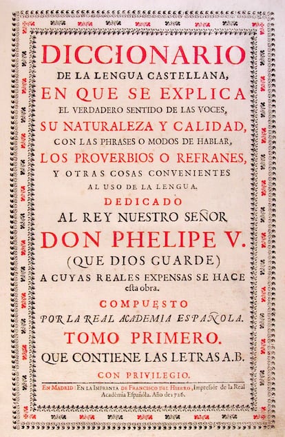 Diccionario de la Real Academia de 1726, con un título muy breve