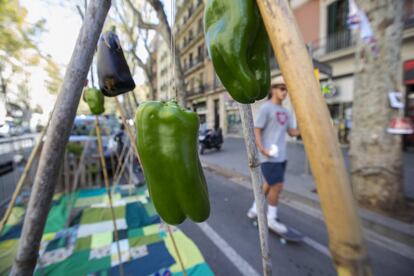 Dos pebrots verds, en forma de decoraci, pengen d'un aparcament habilitat a la Ronda de Sant Pau, a Barcelona.