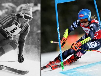 A la izquierda, Ingemar Stenmark en los Juegos Olímpicos de invierno de 1976; a la derecha, Mikaela Shiffrin durante la copa del mundo de esquí de 2023.